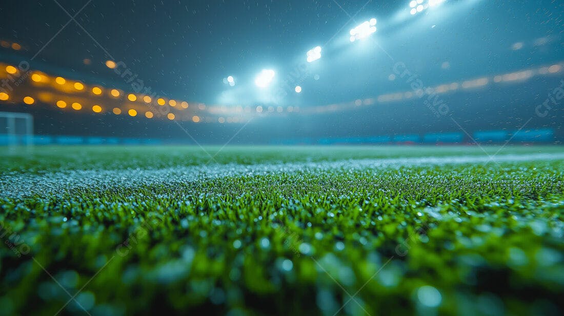 Campo de futebol molhado sob luzes noturnas