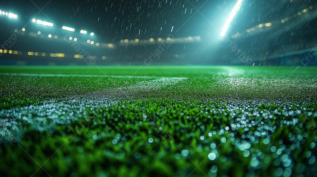 Campo de futebol sob chuva noturna