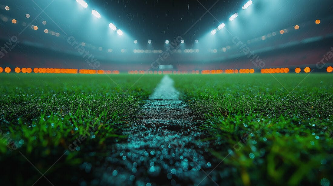Campo de futebol molhado sob as luzes noturnas