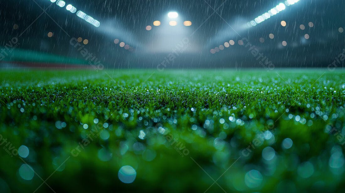 Campo de futebol sob chuva noturna