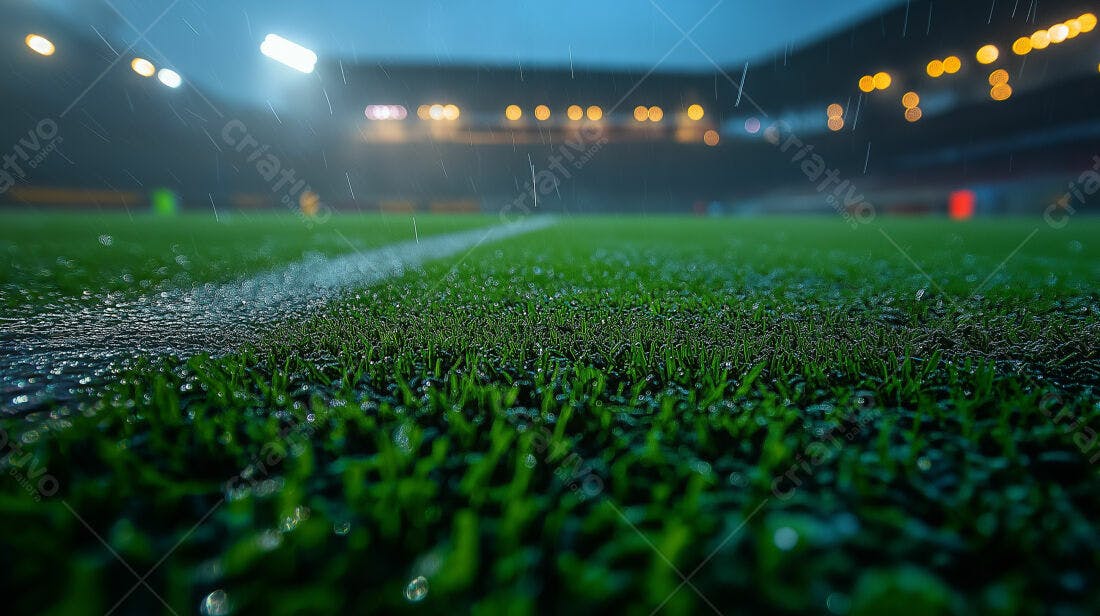 Gramado molhado sob chuva noturna em estádio
