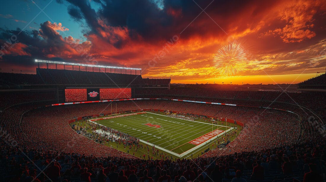 Estádio lotado ao pôr do sol com fogos