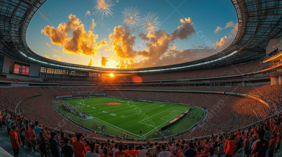 Estádio lotado ao pôr do sol com fogos