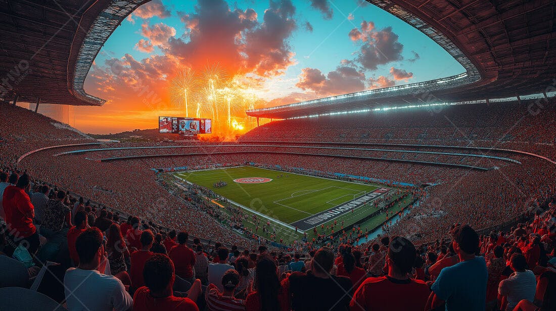 Estádio lotado ao pôr do sol com fogos