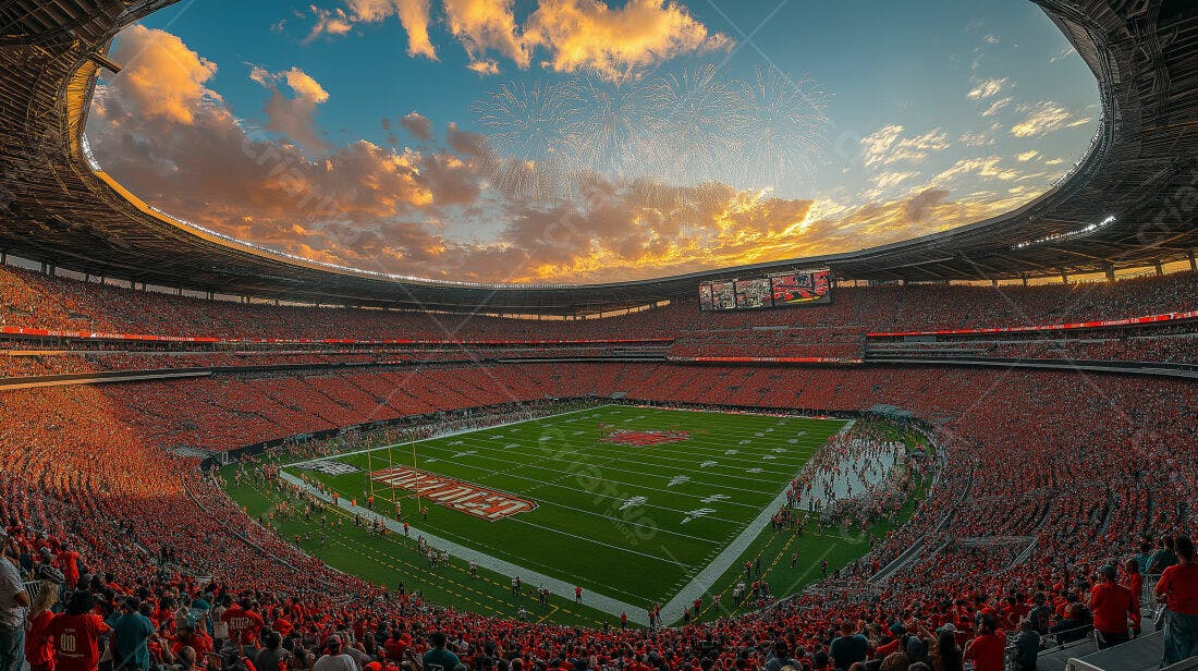 Estádio lotado ao pôr do sol com fogos