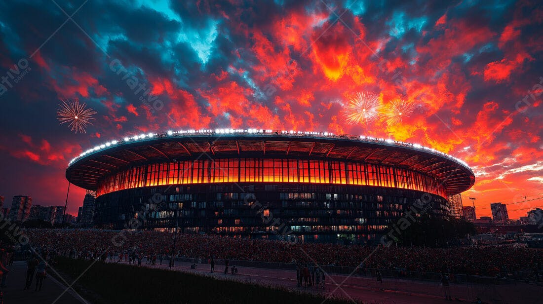 Estádio com fogos de artifício ao entardecer