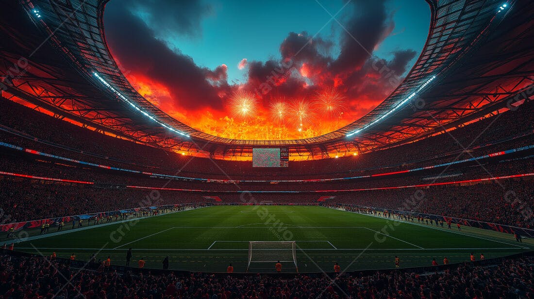 Estádio lotado ao pôr do sol com fogos