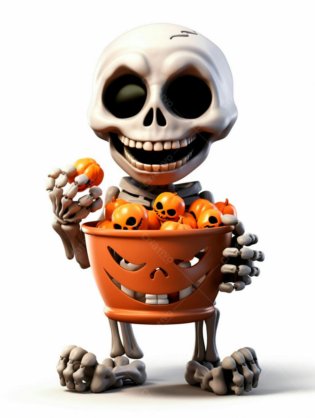 Esqueleto fofo com balde de doces de Halloween