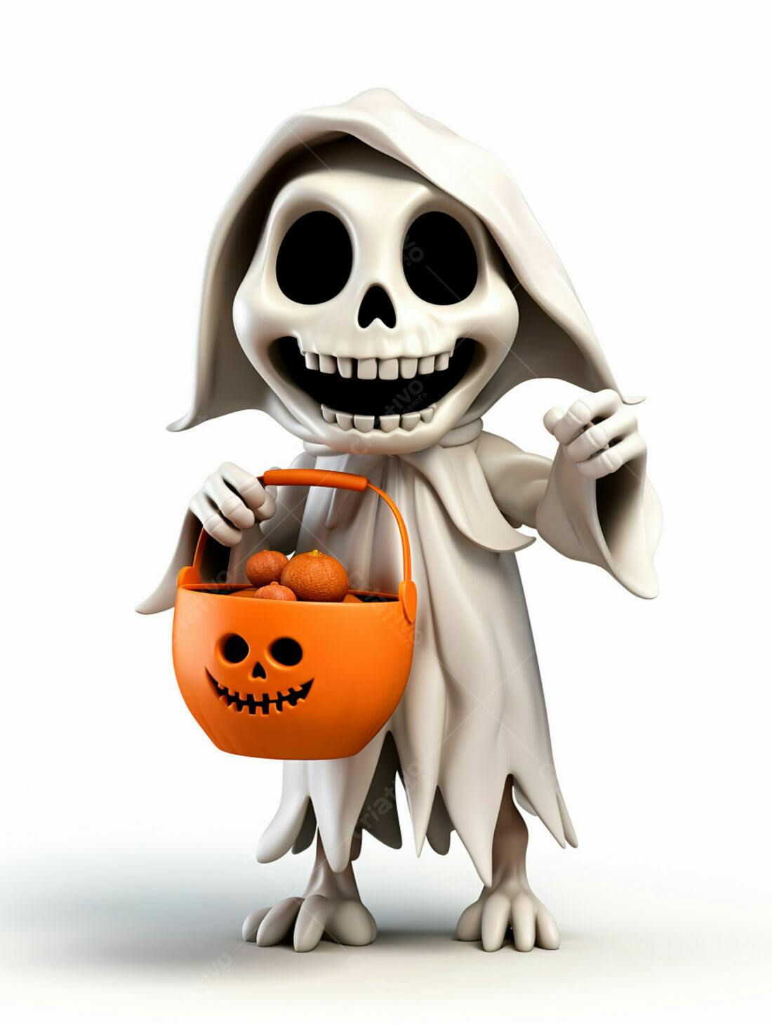 Fantasma fofo com balde de doces Halloween