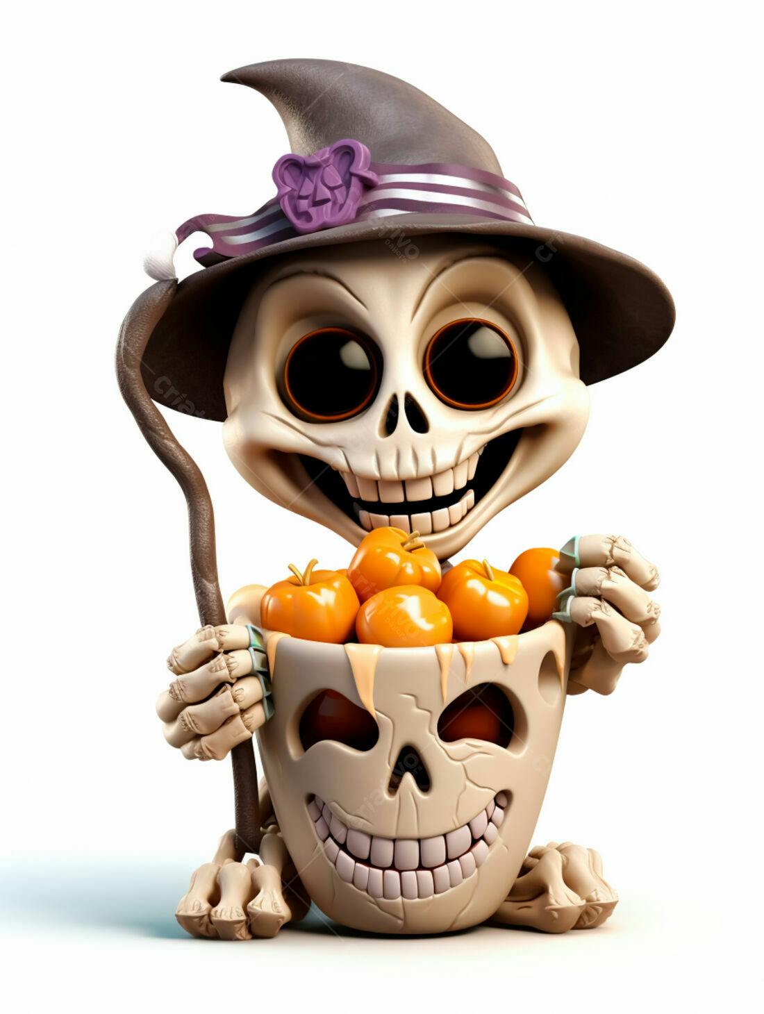 Esqueleto fofo com abóboras no Halloween
