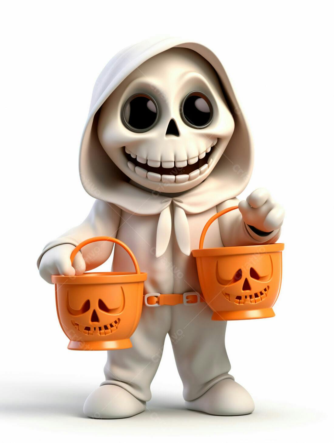 Esqueleto fofo com baldes de doces Halloween