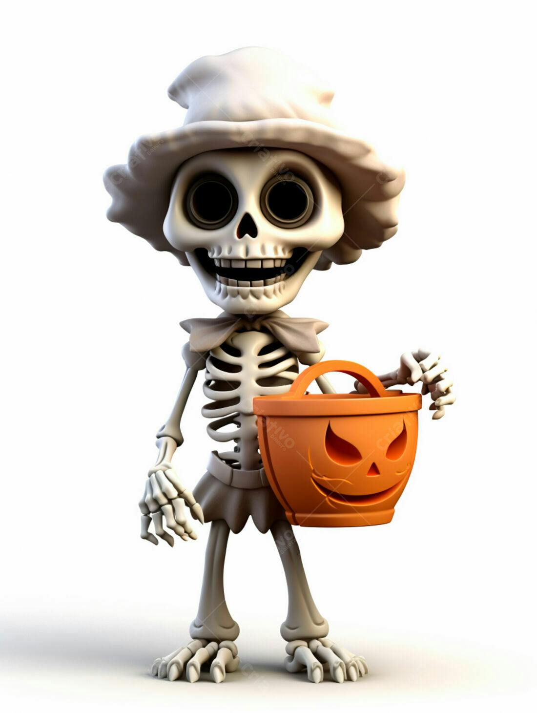 Esqueleto fofo com balde de doces Halloween