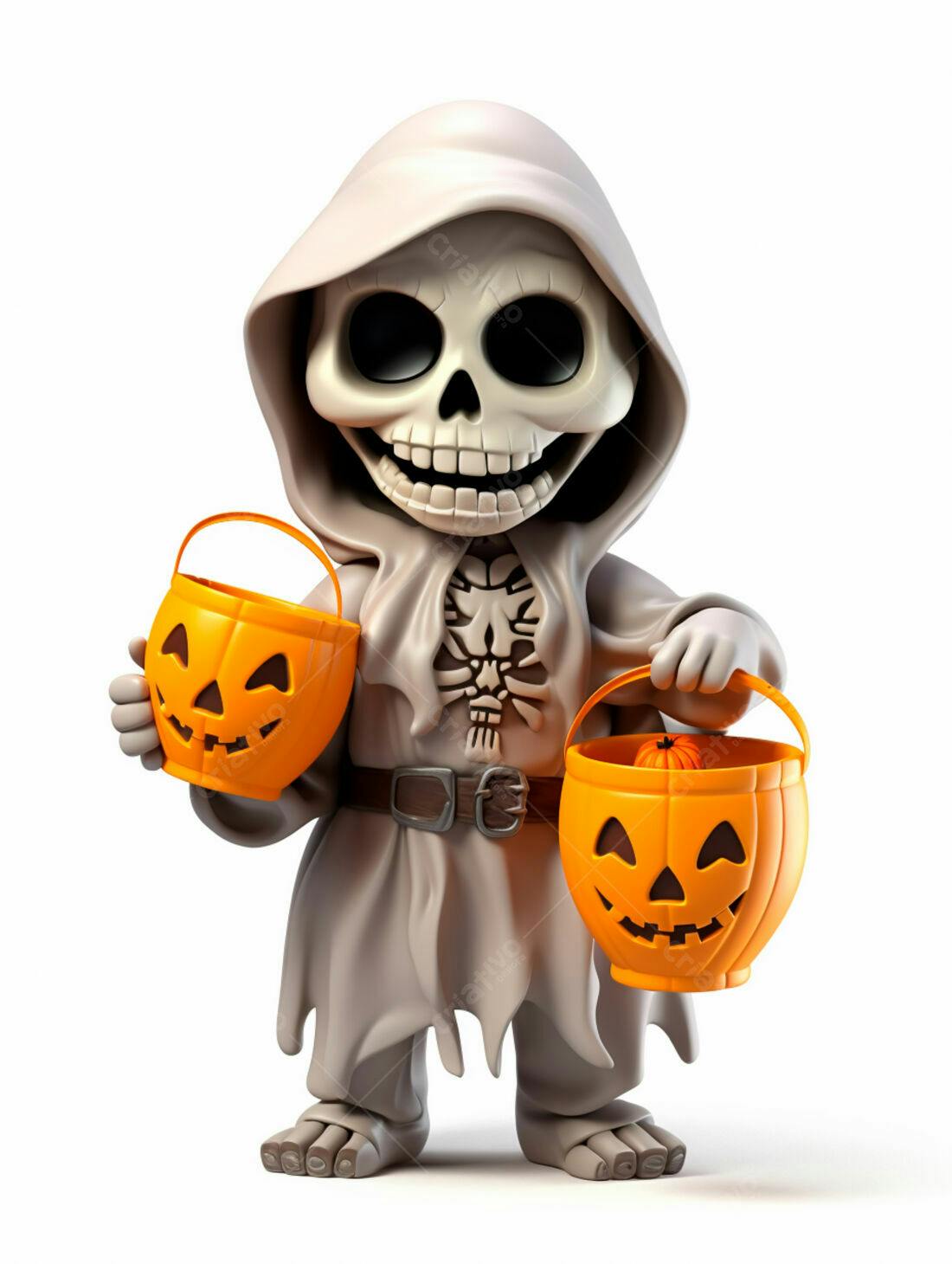 Fantasma de Halloween com baldes de doces