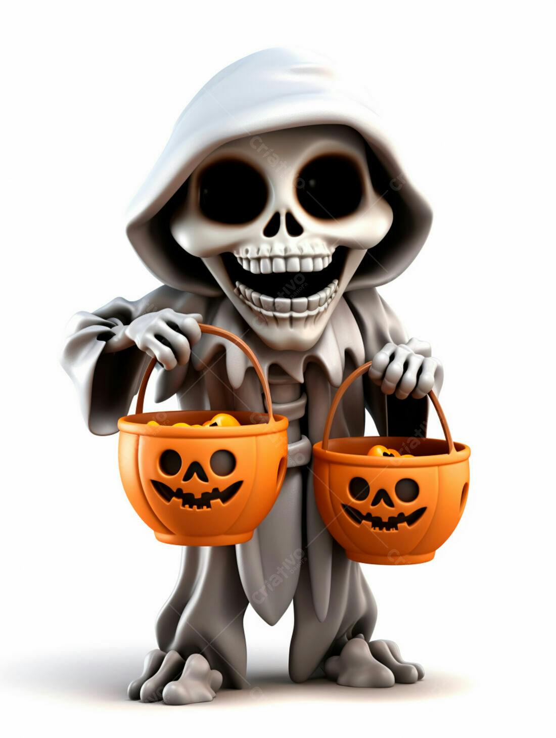 Esqueleto fofo com baldes de doces Halloween