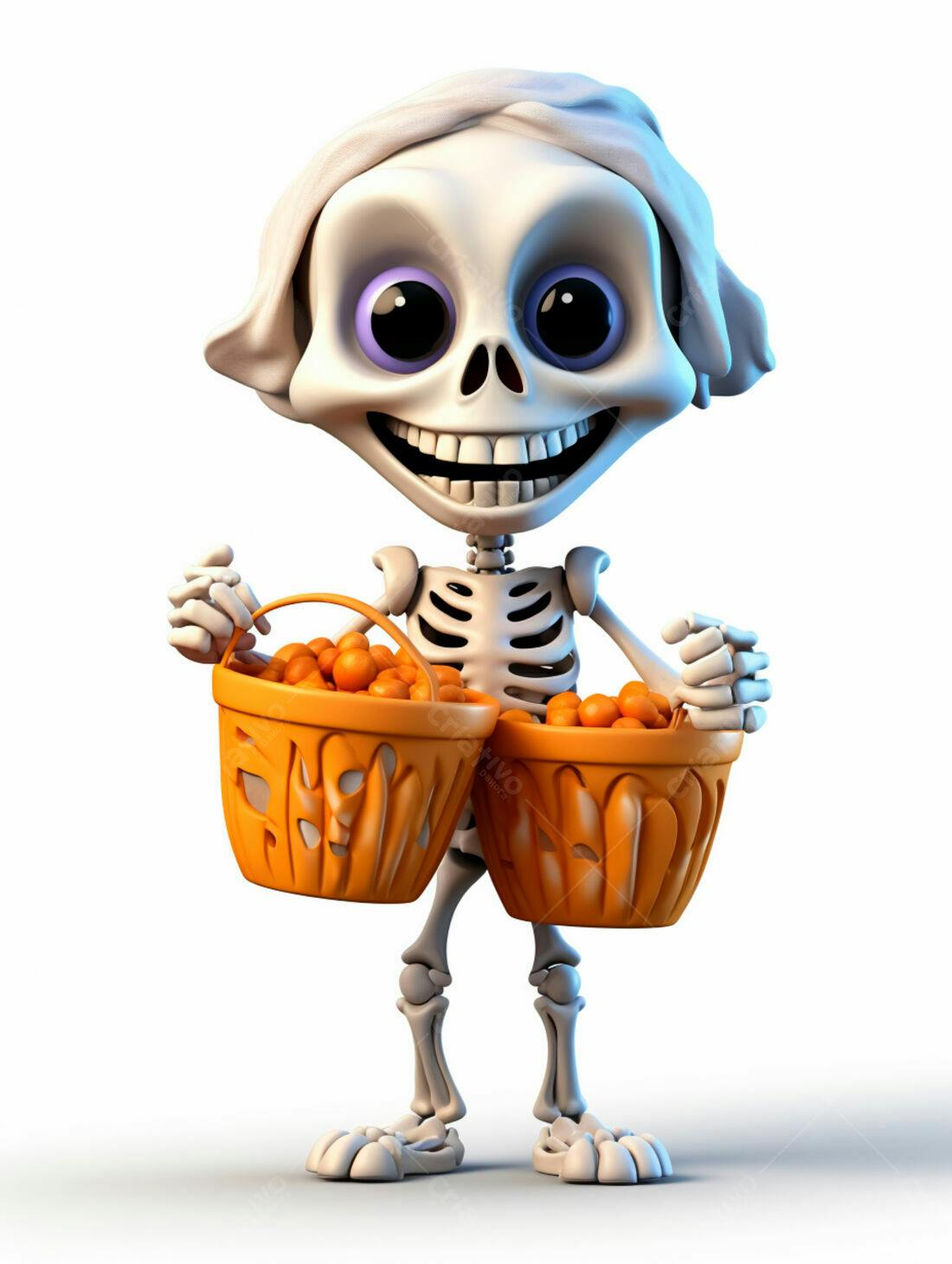 Esqueleto fofo com cestas de doces Halloween
