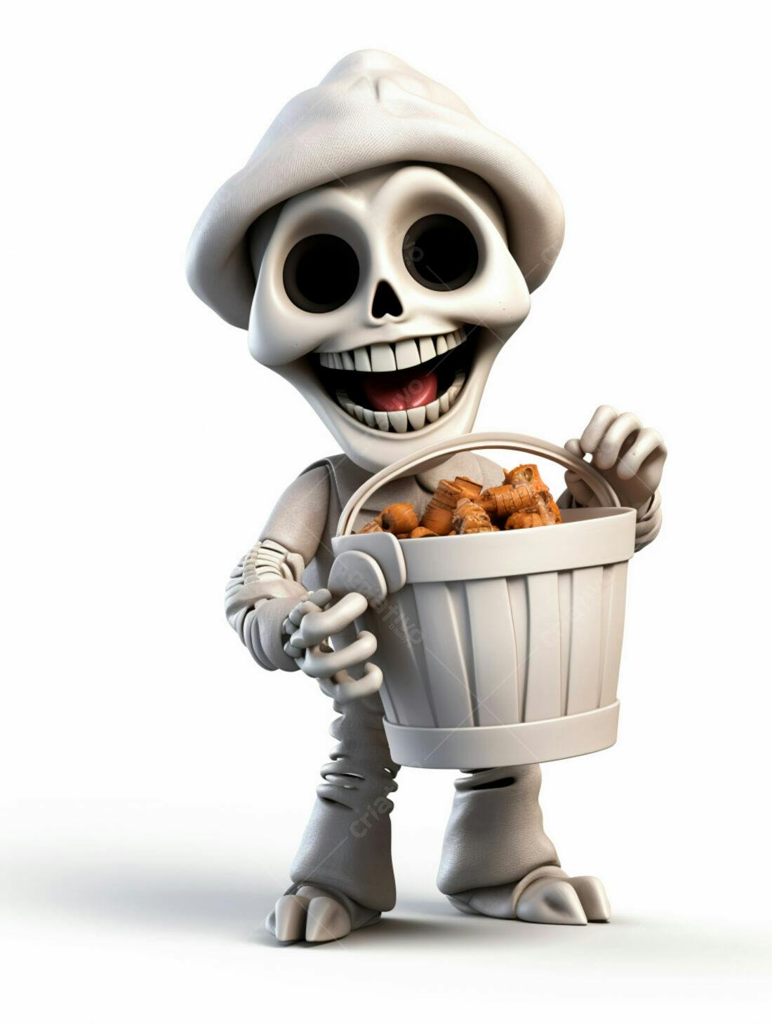Esqueleto fofo com balde de doces