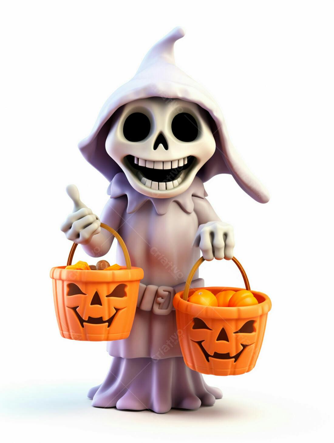 Esqueleto com cestinhas de doces no Halloween