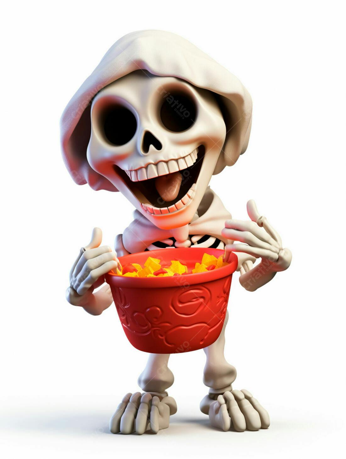 Esqueleto comendo doces de Halloween