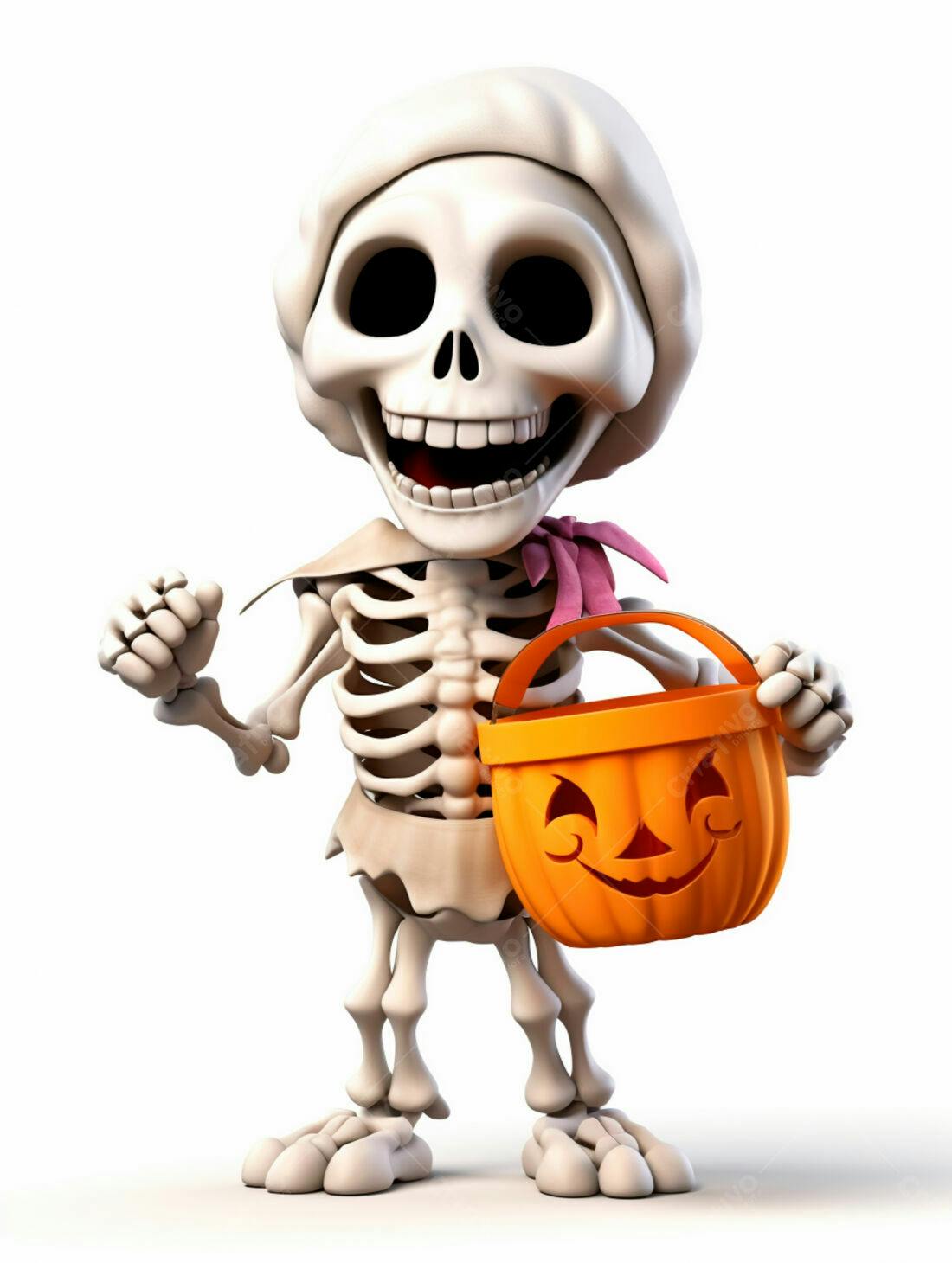 Esqueleto fofo com balde de doces Halloween