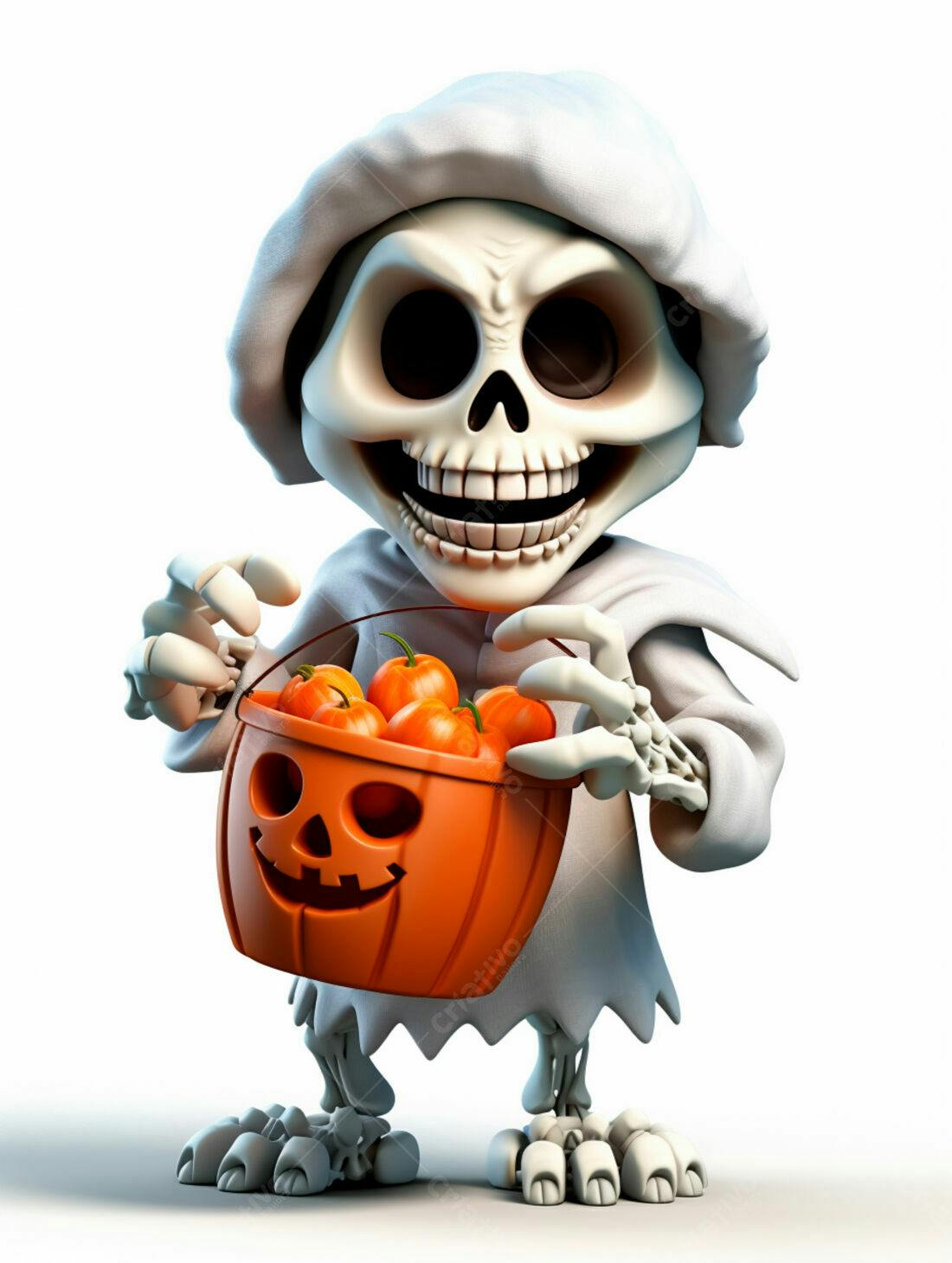 Esqueleto fofo com abóboras no Halloween
