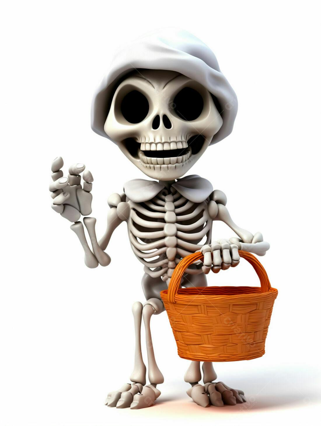 Esqueleto fofo com cesta de Halloween