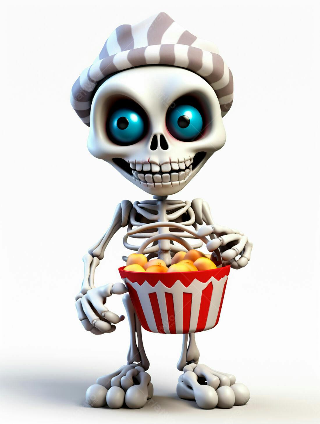 Esqueleto Cartoon com Balde de Doces Halloween