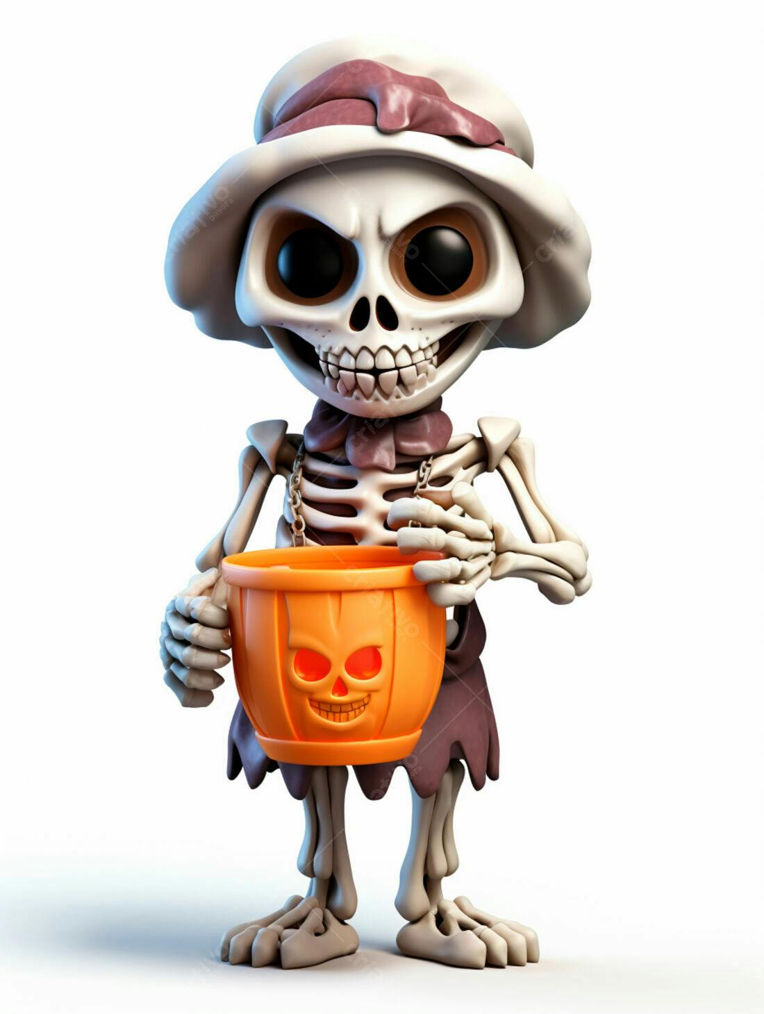 Esqueleto fofo com balde de doces Halloween