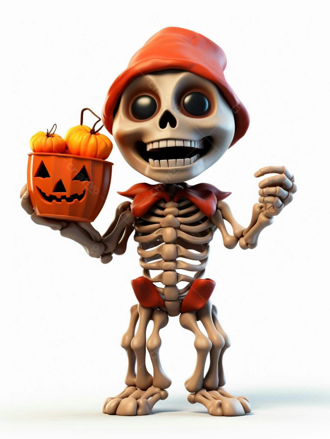 Esqueleto fofo com abóboras no Halloween