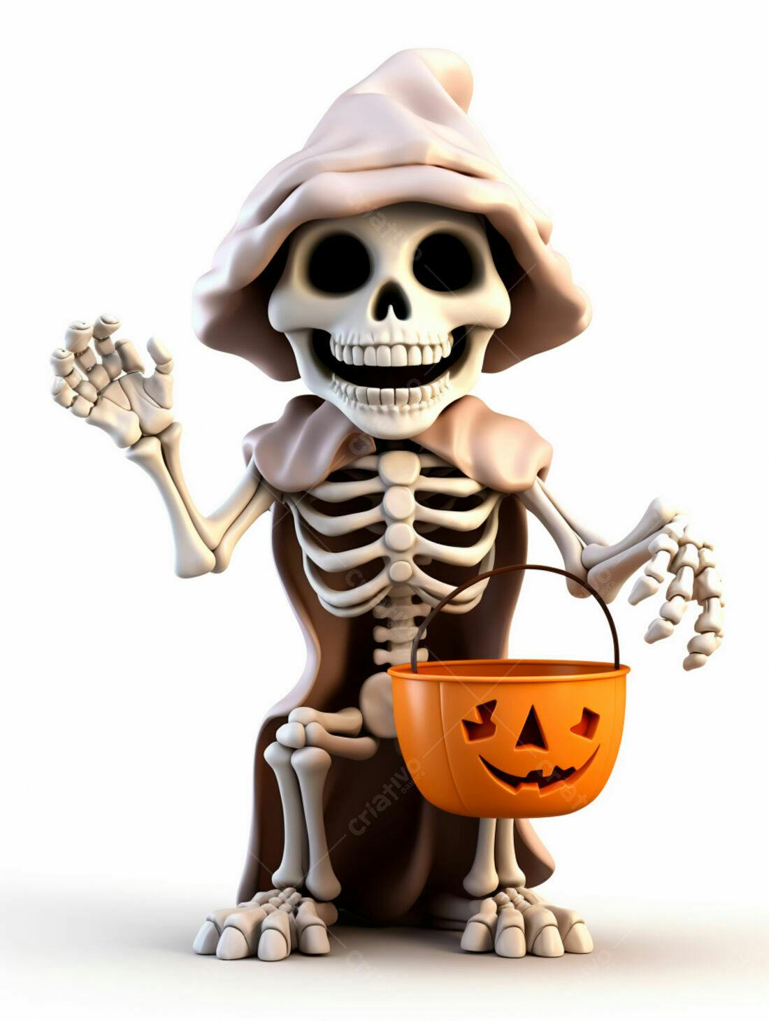 Esqueleto fofo com balde de doces Halloween