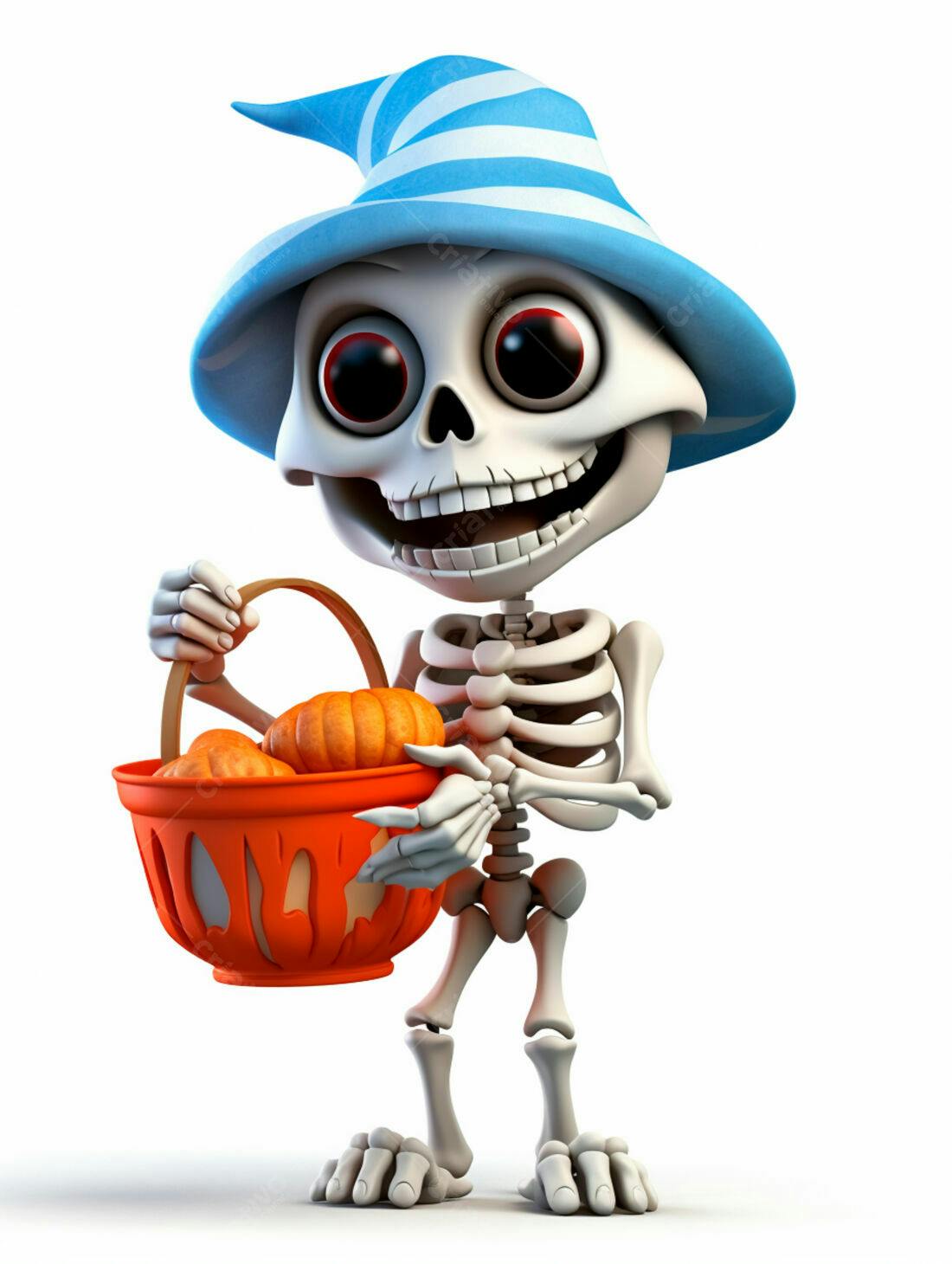 Esqueleto fofo com abóboras no Halloween