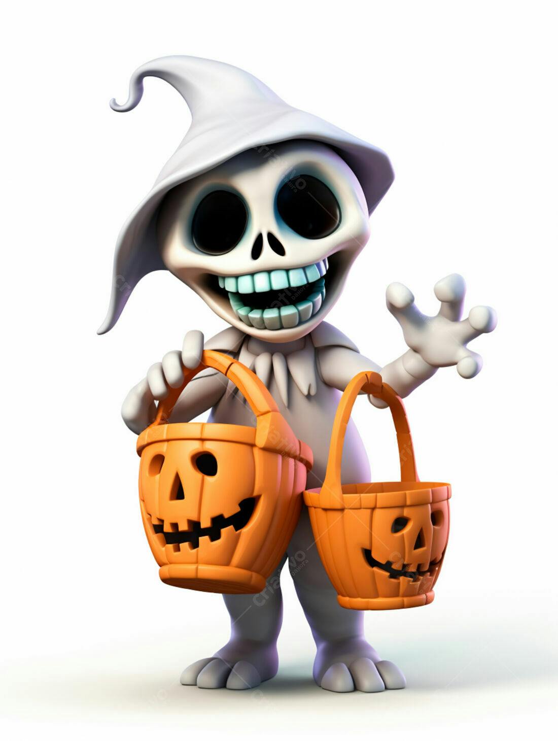 Esqueleto fofo com cestinhas de Halloween