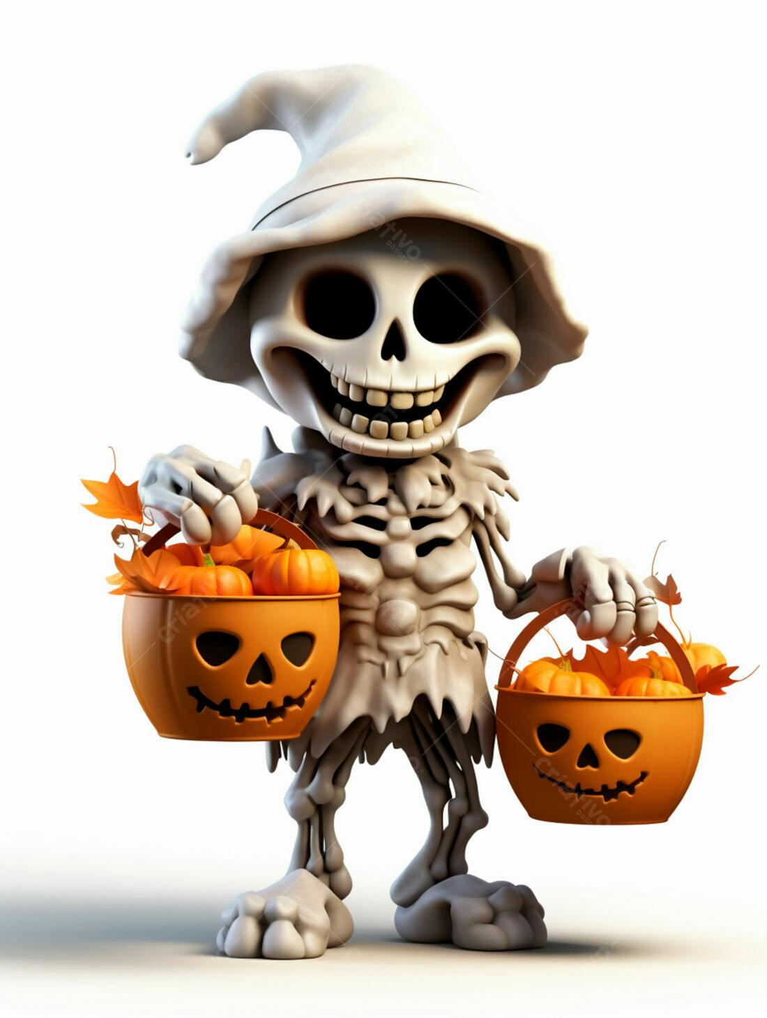 Esqueleto fofo com abóboras no Halloween