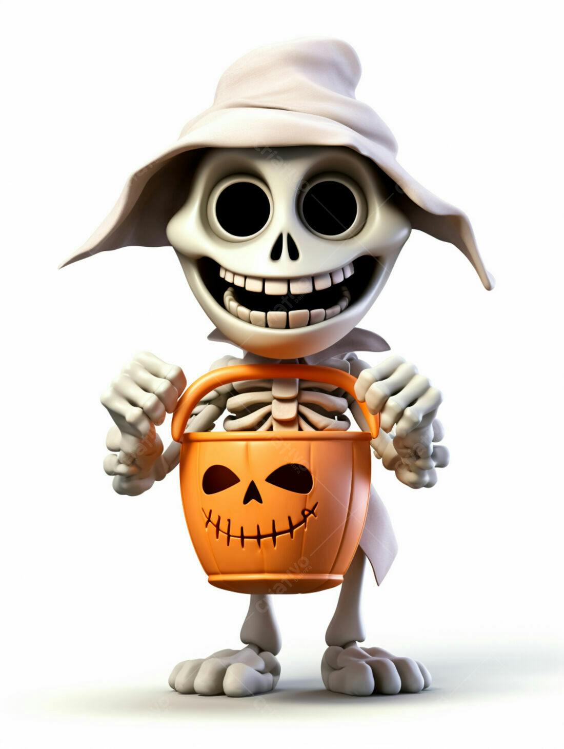 Esqueleto de Halloween com balde de doces
