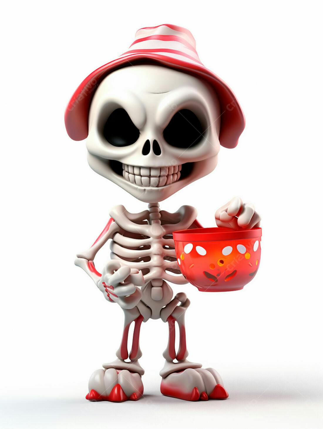 Esqueleto de Halloween com balde vermelho