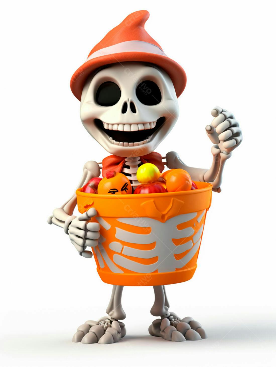 Esqueleto de Halloween com balde de doces