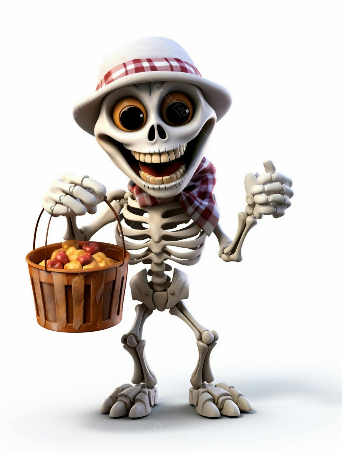 Esqueleto feliz com cesta de doces Halloween