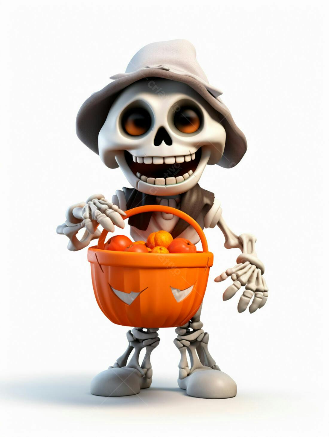 Esqueleto fofo com cesta de doces Halloween