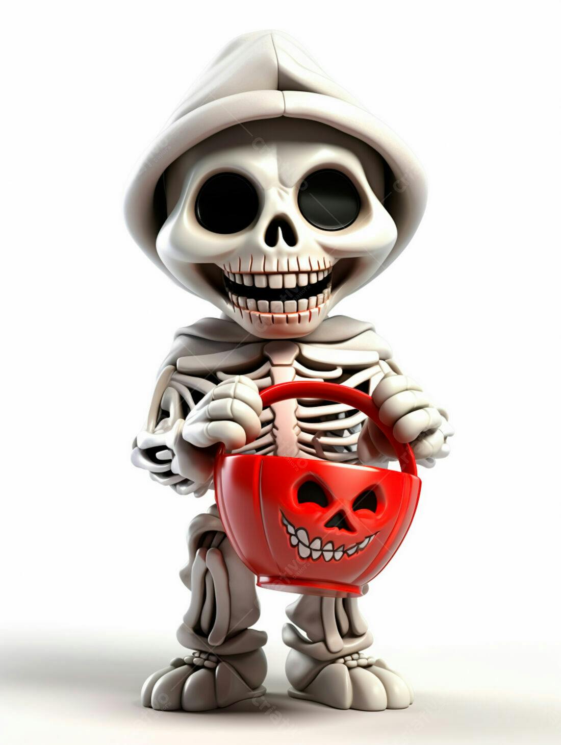 Esqueleto fofo com balde de doces Halloween