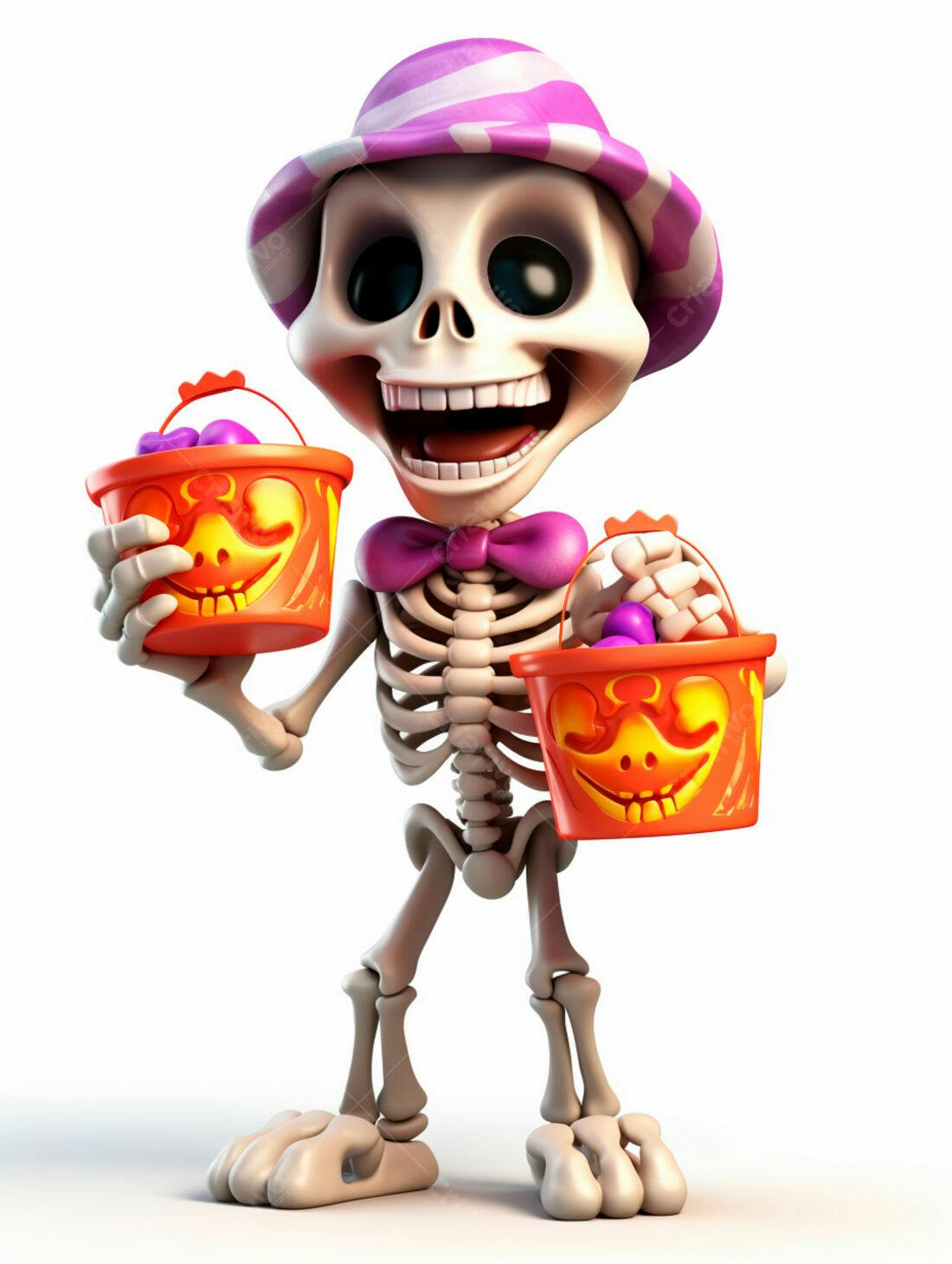 Esqueleto divertido com baldes de doces Halloween