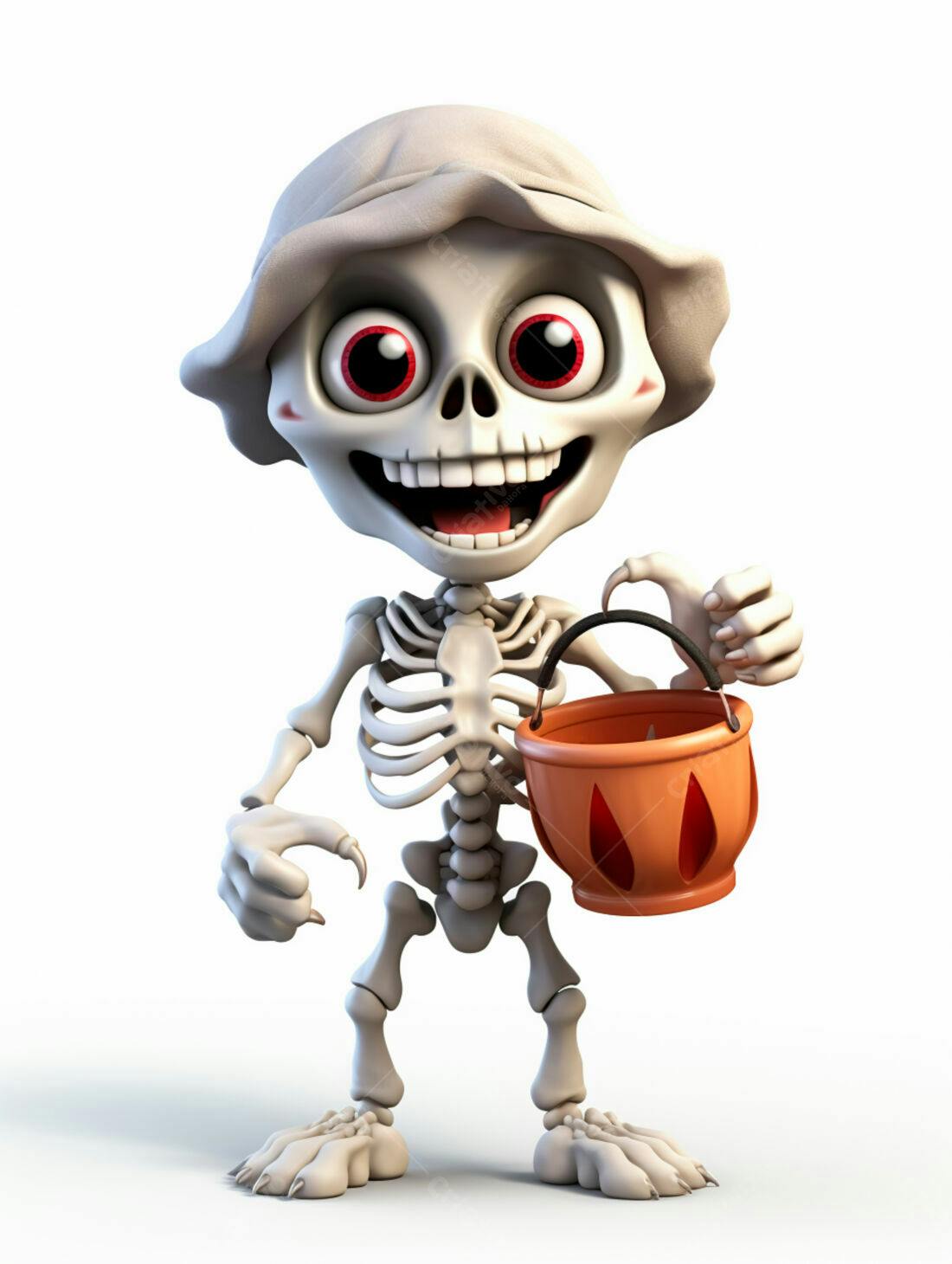 Esqueleto fofo com balde de doces para o Halloween