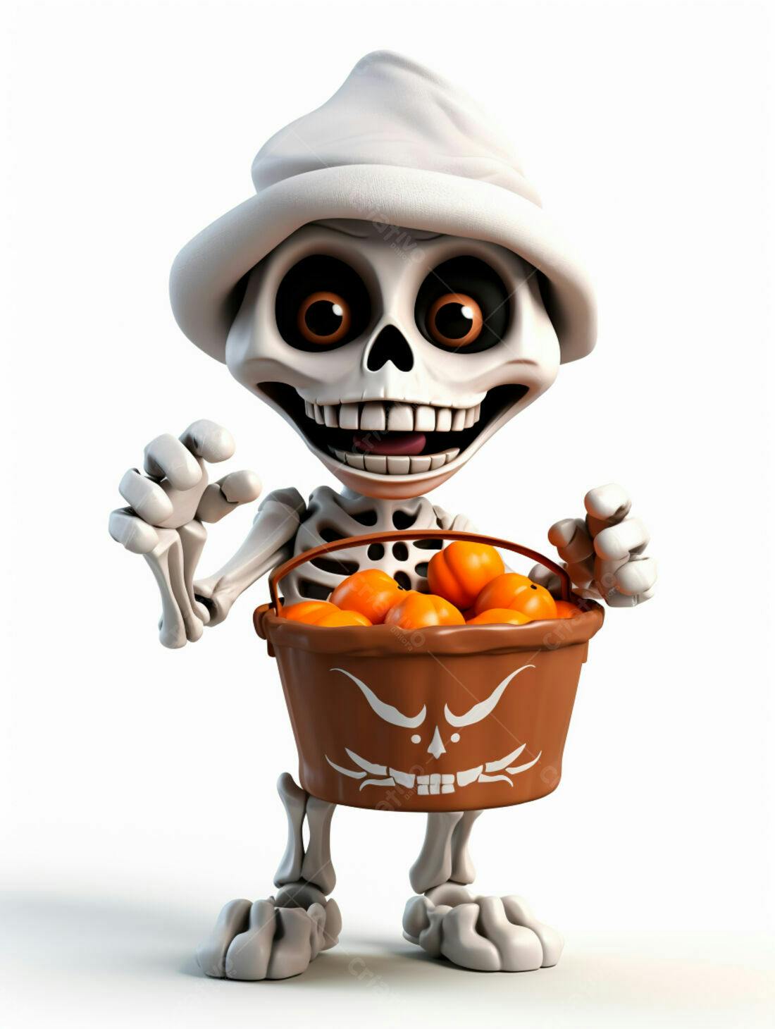 Esqueleto de Halloween com balde de doces