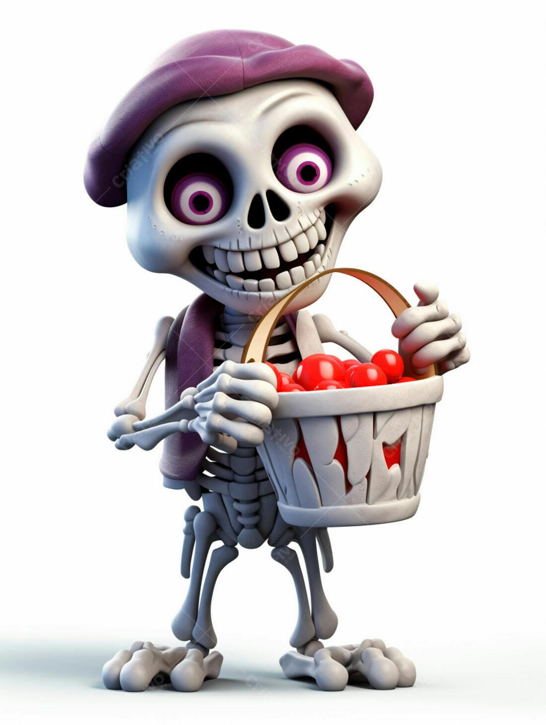Esqueleto Cartoon com Cesta de Frutas Vermelhas