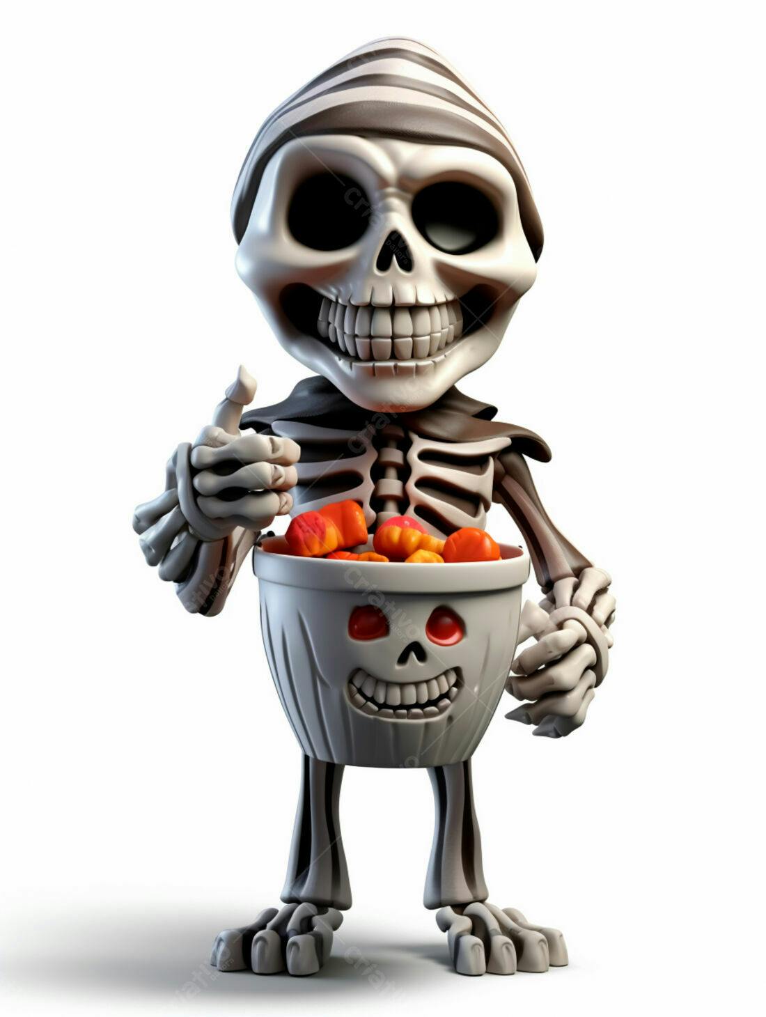 Esqueleto fofo com doces de Halloween