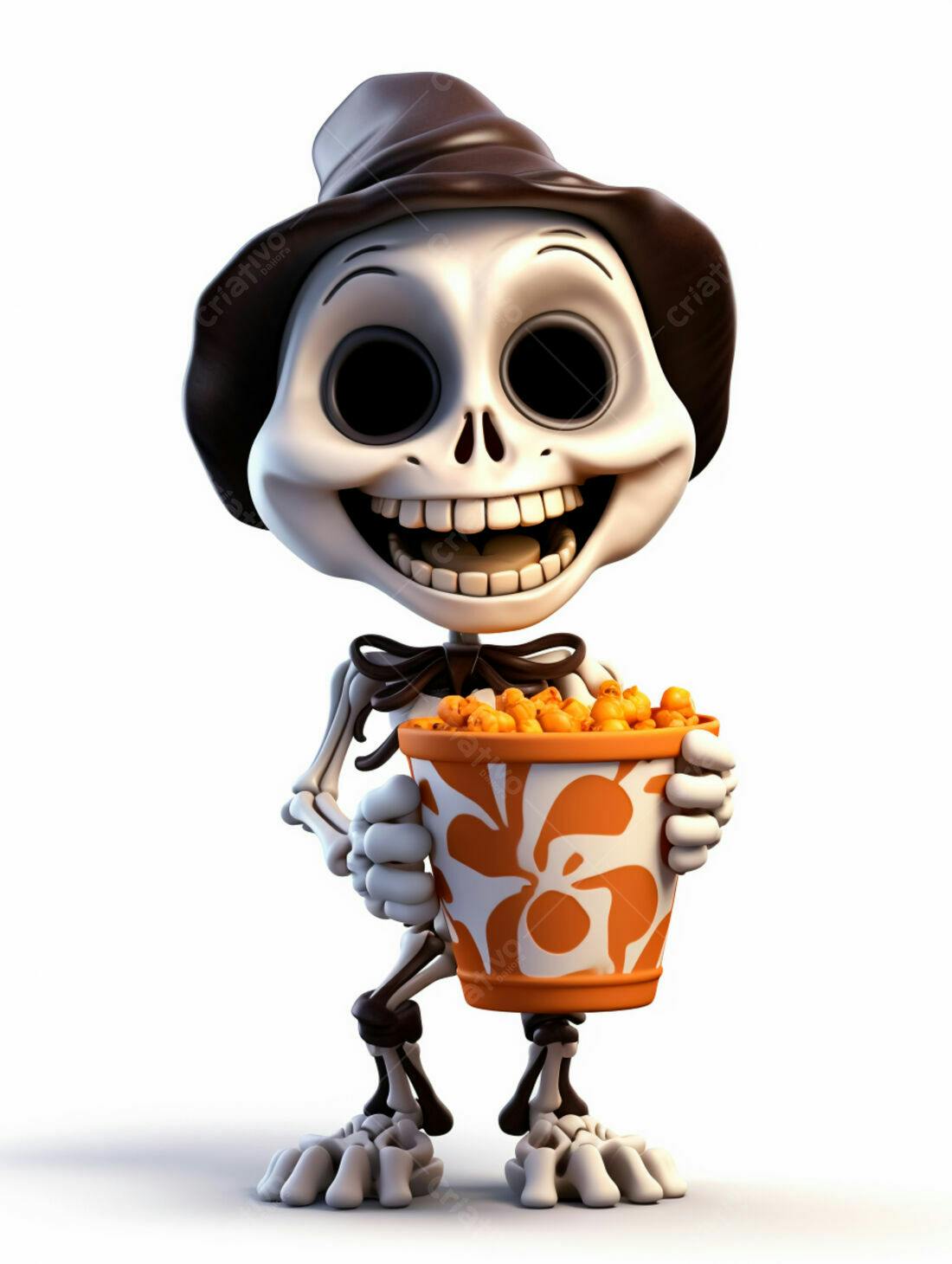 Esqueleto animado com pipoca de Halloween
