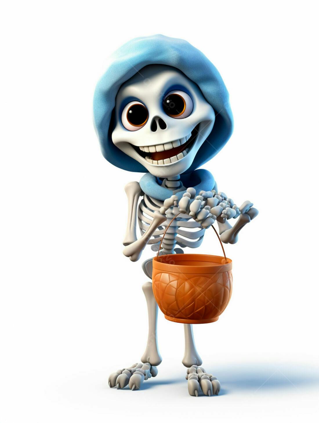 Esqueleto fofo com balde de doces Halloween