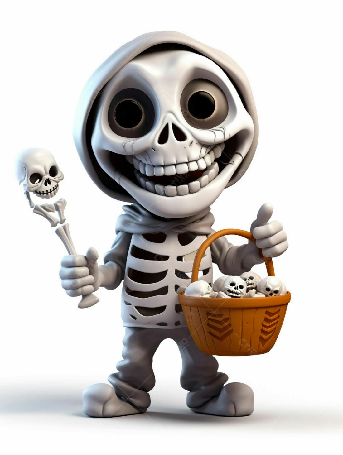 Esqueleto fofo com cesta de caveiras para o Halloween