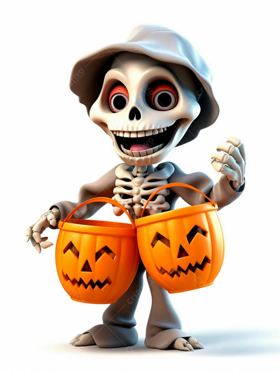 Esqueleto fofo com baldes de doces de Halloween