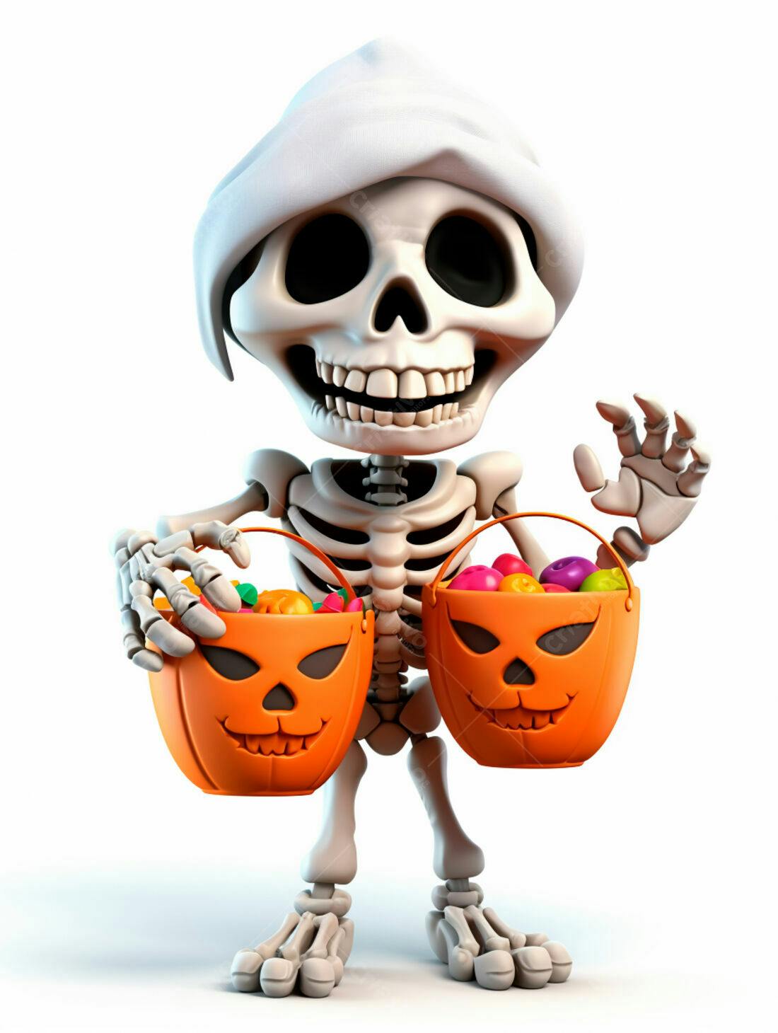 Esqueleto fofo com baldes de doces Halloween