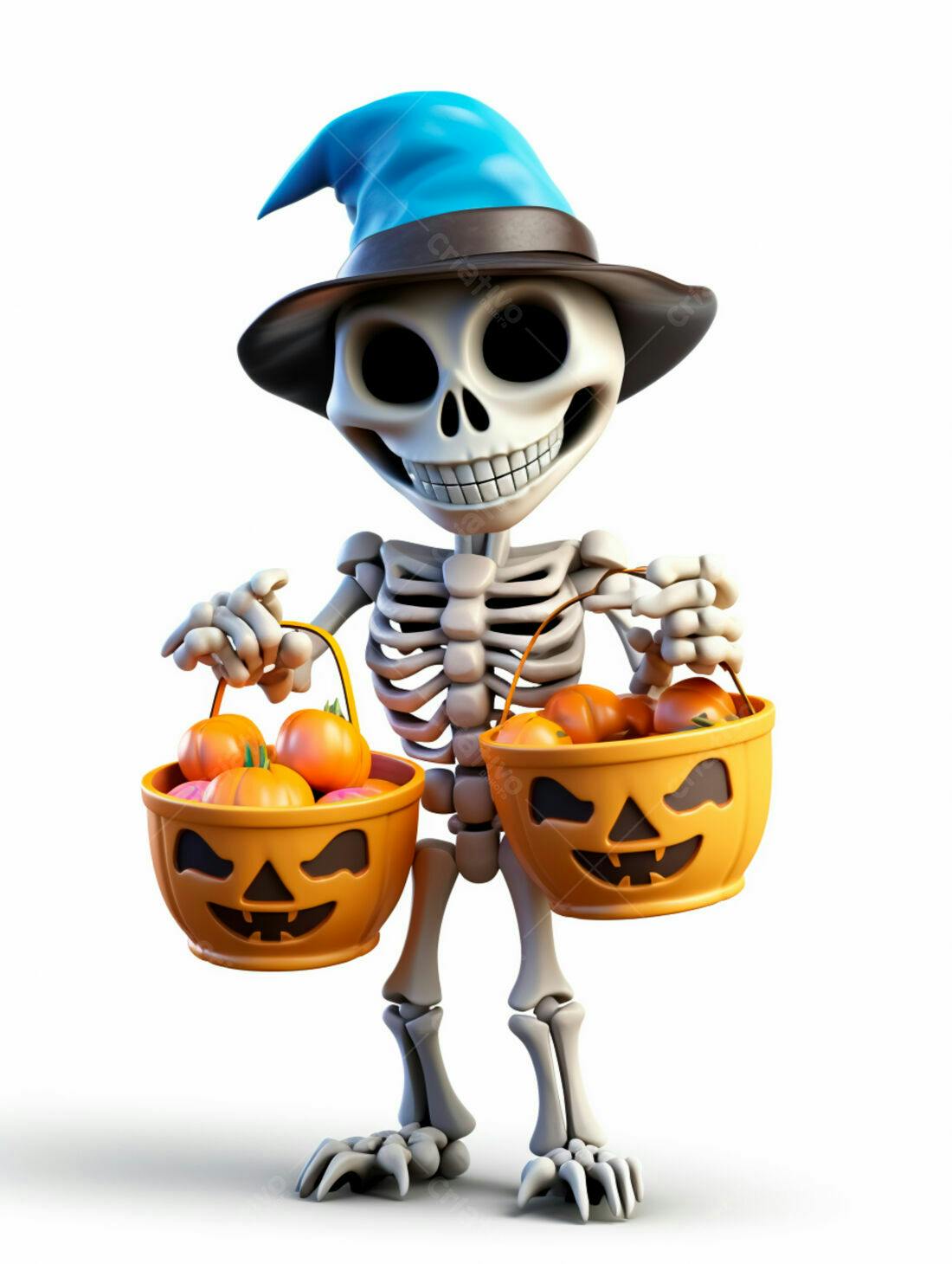 Esqueleto com chapéu de bruxo e doces de Halloween