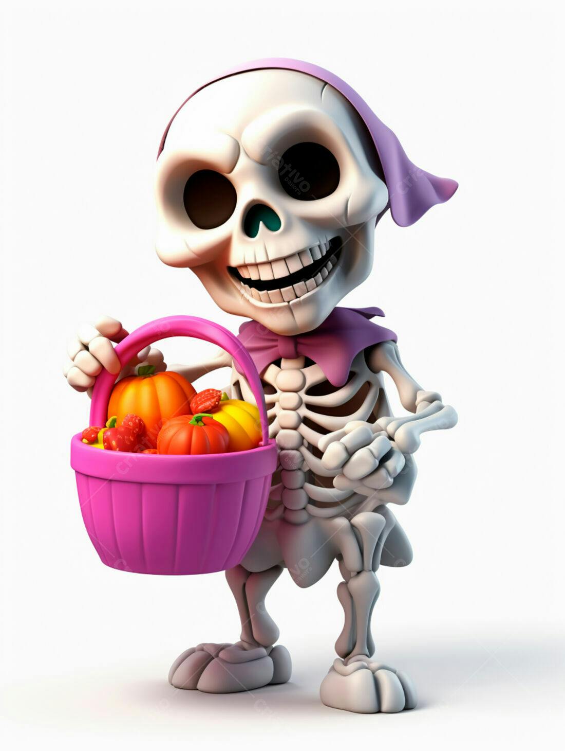 Esqueleto fofo com cesta de doces de Halloween